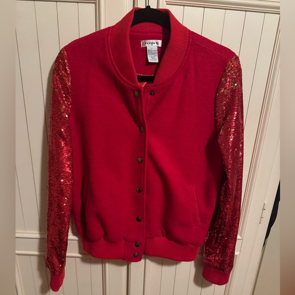 Better B Red Sequin Sleeve & Wool Bomber Jacket Size Large - Picture 2 of 10